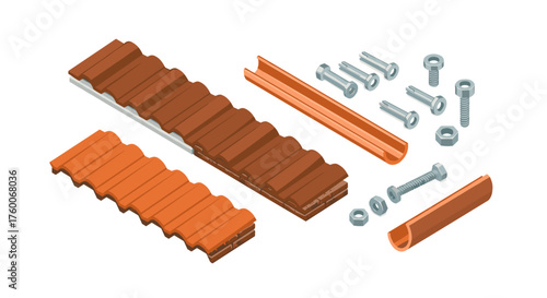 Isometric metal roofing and fasteners set with screws and panels