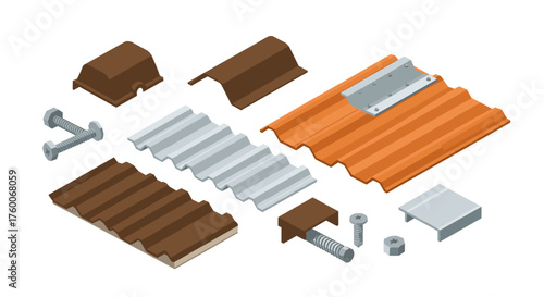 Isometric metal roofing elements set for construction projects