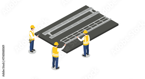 Construction team planning with isometric blueprint and engineers