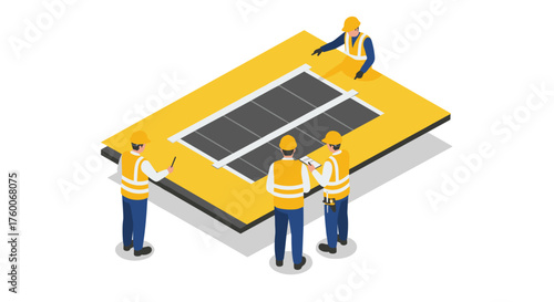 Isometric construction workers installing solar panels on roof