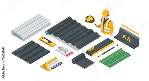 Construction supplies and safety gear with isometric roof materials