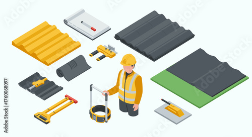 Isometric building tools and materials for roofing projects