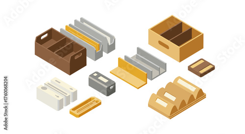 Isometric desk organizers in various styles and colors for office and home