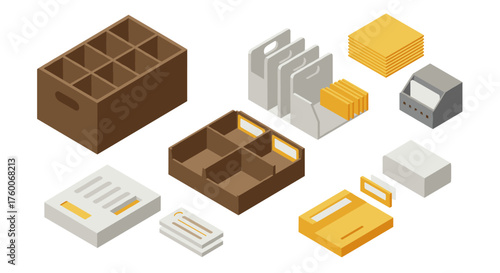 Organized office supplies in isometric design for efficient workspace layout