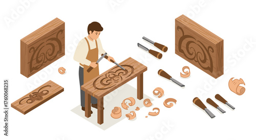 Isometric wooden carving scene with craftsman and tools in workshop