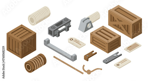 Isometric cargo elements with wooden crates, rope, and tags for industrial design