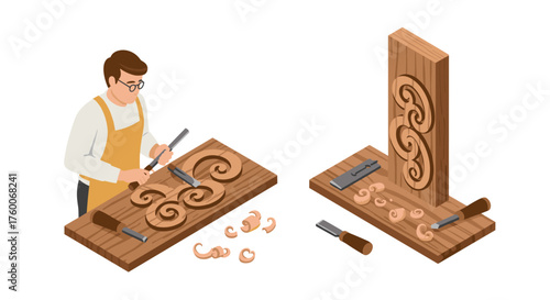 Isometric wood carving scene with craftsman and ornate designs