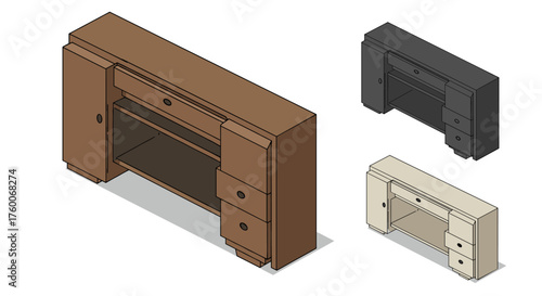 Isometric wooden sideboard designs with variations in brown, black, and white