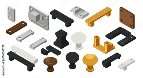 Isometric furniture hardware collection showcasing diverse handles and knobs