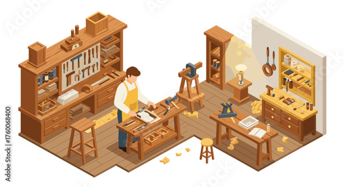 Isometric workshop with carpenter crafting wooden furniture in a detailed woodworking studio