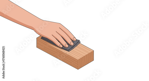 Hand sanding wood block with sandpaper in vector style