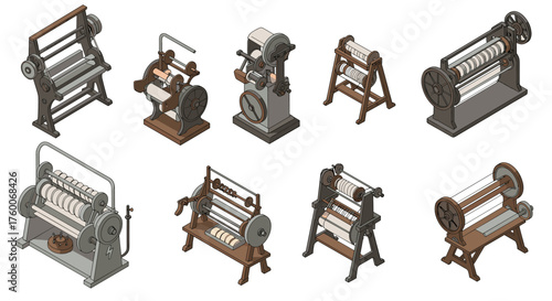 Isometric vintage machines collection: historic textile equipment set