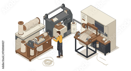Isometric textile manufacturing process with worker and vintage machinery