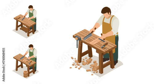 Isometric carpenter working with wood at a workbench