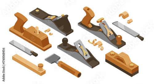 Isometric woodworking tools collection: planes, chisels, and scrapers in detailed style