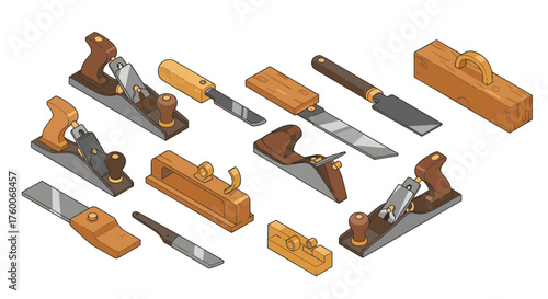 Isometric carpenter tools collection: precision woodworking equipment