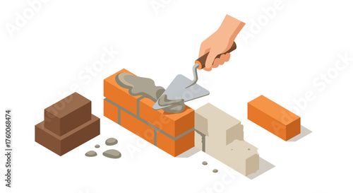 Isometric brick wall construction with trowel and mortar