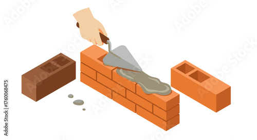 Isometric bricklaying hand with trowel and bricks