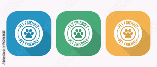 Pet Friendly Round Square Icon with Paw Print Inside in Blue Green Yellow Animal Welcoming