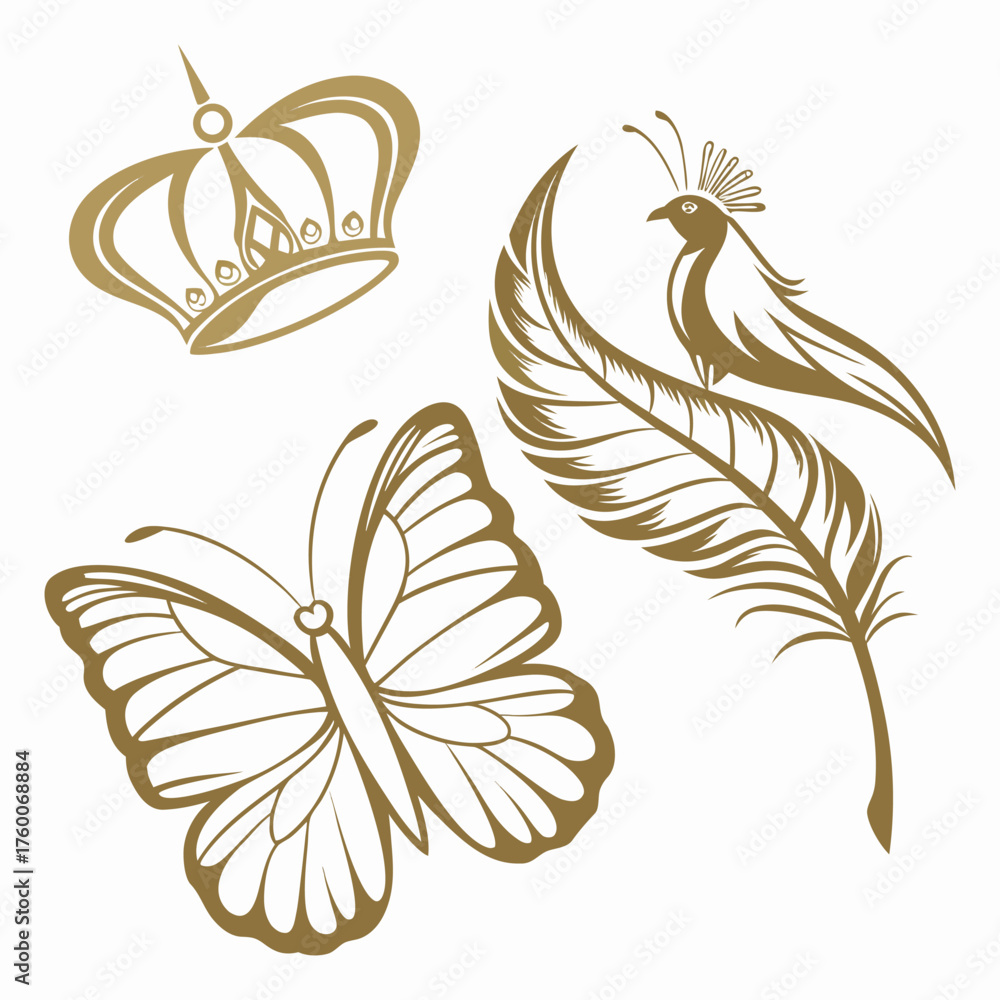 Fototapeta premium Elegant Gold Crown Feather Bird and Butterfly Vector Set – Luxury Ornamental Line Art