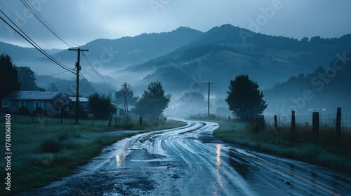 Winding rural road through Appalachian valley with fog and distant homes