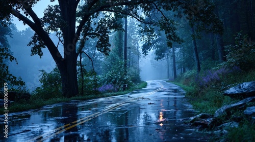 Rainy forest road with reflections and fog through Appalachian woodland