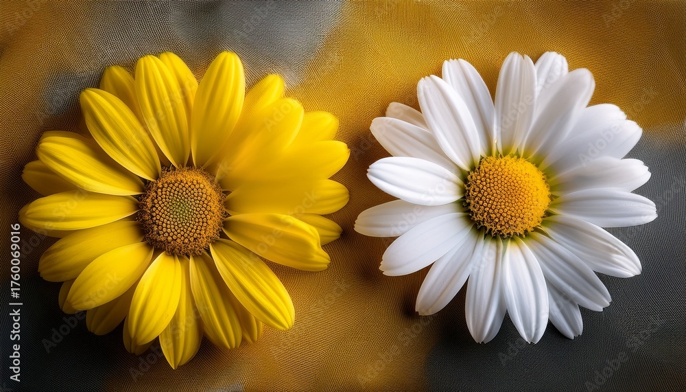 Obraz premium Twin Charming Daisies In Bright Yellow And White On Textured Background