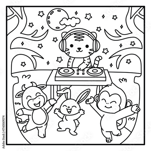 Cartoon animals partying with a tiger DJ under the moon and stars in a black and white illustration