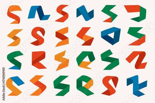 flat abstract ribbons experimental vector set 30 unique twisted and angled ribbons solid flat colors.