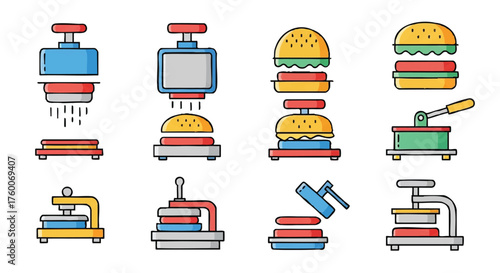 set of burger press outline icons vector full color