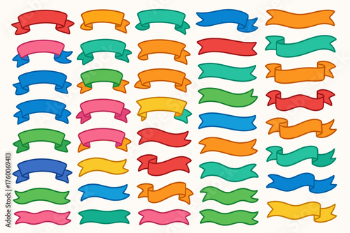 flat cartoon playful ribbons 35 rounded and curved banners solid bright flat colors dynamic vector style.