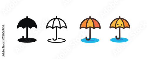 Vector icon umbrella in puddle autumn same pose same proportions four styles black solid glyph outline minimal flat multicolor filled cartoon flat shaded.
