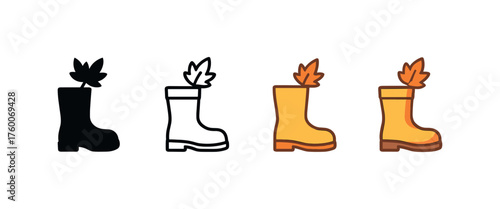 Vector icon rubber boots with leaves autumn same pose same proportions four styles black solid glyph outline minimal flat multicolor filled cartoon flat shaded.