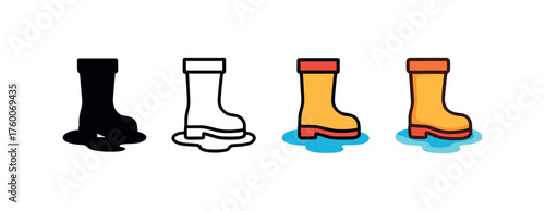 Vector icon rain boots with puddle autumn same pose same proportions four styles black solid glyph outline minimal flat multicolor filled cartoon flat shaded.