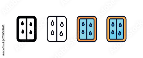 Vector icon wet window with raindrops autumn same pose same proportions four styles black solid glyph outline minimal flat multicolor filled cartoon flat shaded.