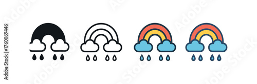 Vector icon rainbow after rain autumn same pose same proportions four styles black solid glyph outline minimal flat multicolor filled cartoon flat shaded.