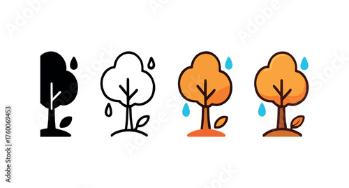 Vector icon tree in rain autumn same pose same proportions four styles black solid glyph outline minimal flat multicolor filled cartoon flat shaded.