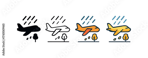 Vector icon airplane rainy airport autumn same pose same proportions four styles black solid glyph outline minimal flat multicolor filled cartoon flat shaded.