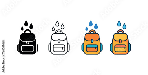 Vector icon wet backpack autumn rain same pose same proportions four styles black solid glyph outline minimal flat multicolor filled cartoon flat shaded.