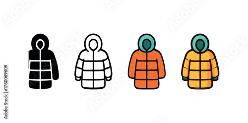 Vector icon padded coat winter same pose same proportions four styles black solid glyph outline minimal flat multicolor filled cartoon flat shaded.