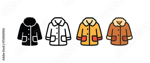 Vector icon sheepskin coat winter same pose same proportions four styles black solid glyph outline minimal flat multicolor filled cartoon flat shaded.