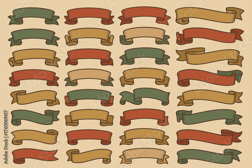 retro vintage festive ribbons 30 muted ornamental banners curled edges holiday poster style flat muted palette.