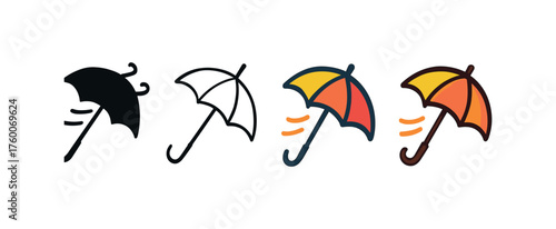 Vector icon umbrella wind blown autumn same pose same proportions four styles black solid glyph outline minimal flat multicolor filled cartoon flat shaded.
