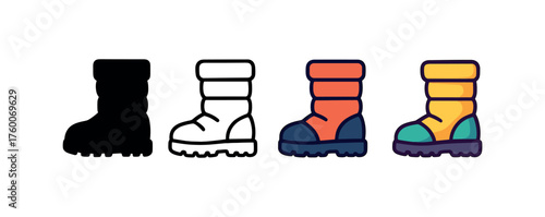 Vector icon snow boots winter same pose same proportions four styles black solid glyph outline minimal flat multicolor filled cartoon flat shaded.