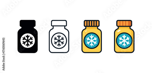 Vector icon vitamin bottle winter preparation same pose same proportions four styles black solid glyph outline minimal flat multicolor filled cartoon flat shaded.