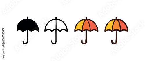 Vector icon colorful umbrella autumn same pose same proportions four styles black solid glyph outline minimal flat multicolor filled cartoon flat shaded.