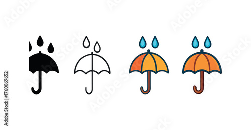 Vector icon umbrella with raindrops autumn same pose same proportions four styles black solid glyph outline minimal flat multicolor filled cartoon flat shaded.
