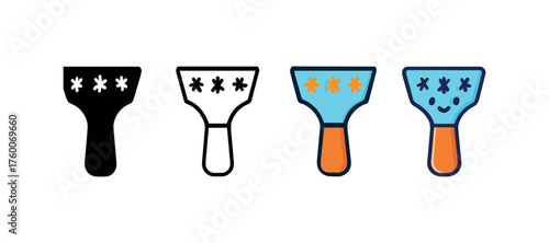 Vector icon frost window scraper winter same pose same proportions four styles black solid glyph outline minimal flat multicolor filled cartoon flat shaded.