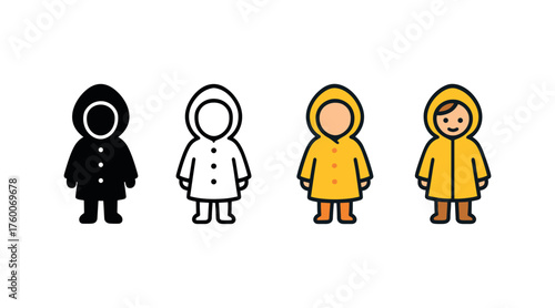 Vector icon raincoat child autumn same pose same proportions four styles black solid glyph outline minimal flat multicolor filled cartoon flat shaded.
