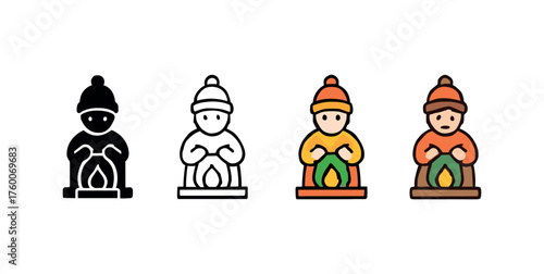 Vector icon knitting by fireplace winter same pose same proportions four styles black solid glyph outline minimal flat multicolor filled cartoon flat shaded.